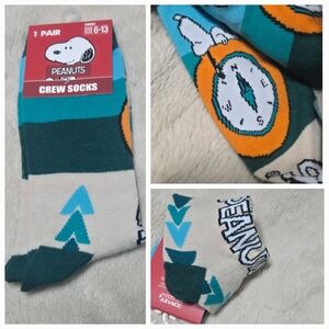 Snoopy blue sock green trees orange compass Snoopy Camping dress socks NEW